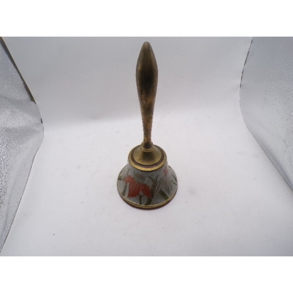 Vintage Brass Cloisonne Hand Bell Red Floral Enamel Dinner Bell 8 Inch